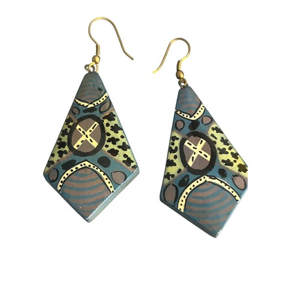 Painted Lacquered Bridgett Wallace Earrings Gold Tone Hooks Dangle Estate 2.75" - Picture 1 of 4